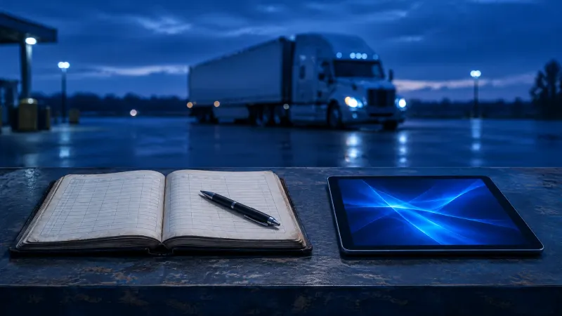 Libreta de registro en papel junto a una tableta, con un camión al fondo en un patio al anochecer