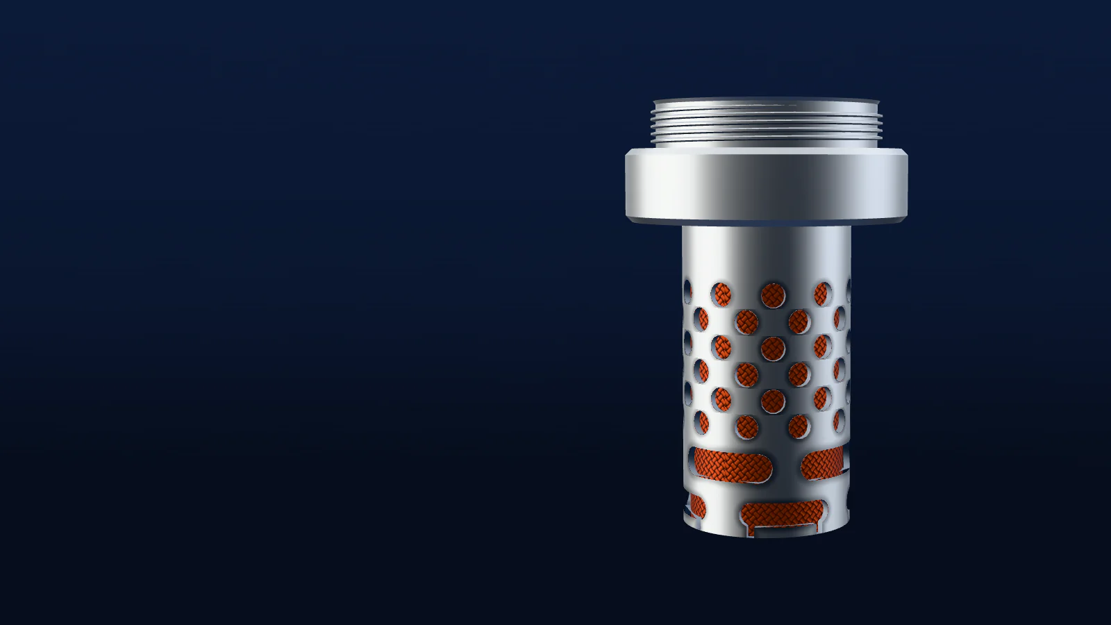 Antisifón de duraluminio con collar roscado y tubo perforado sobre fondo azul marino